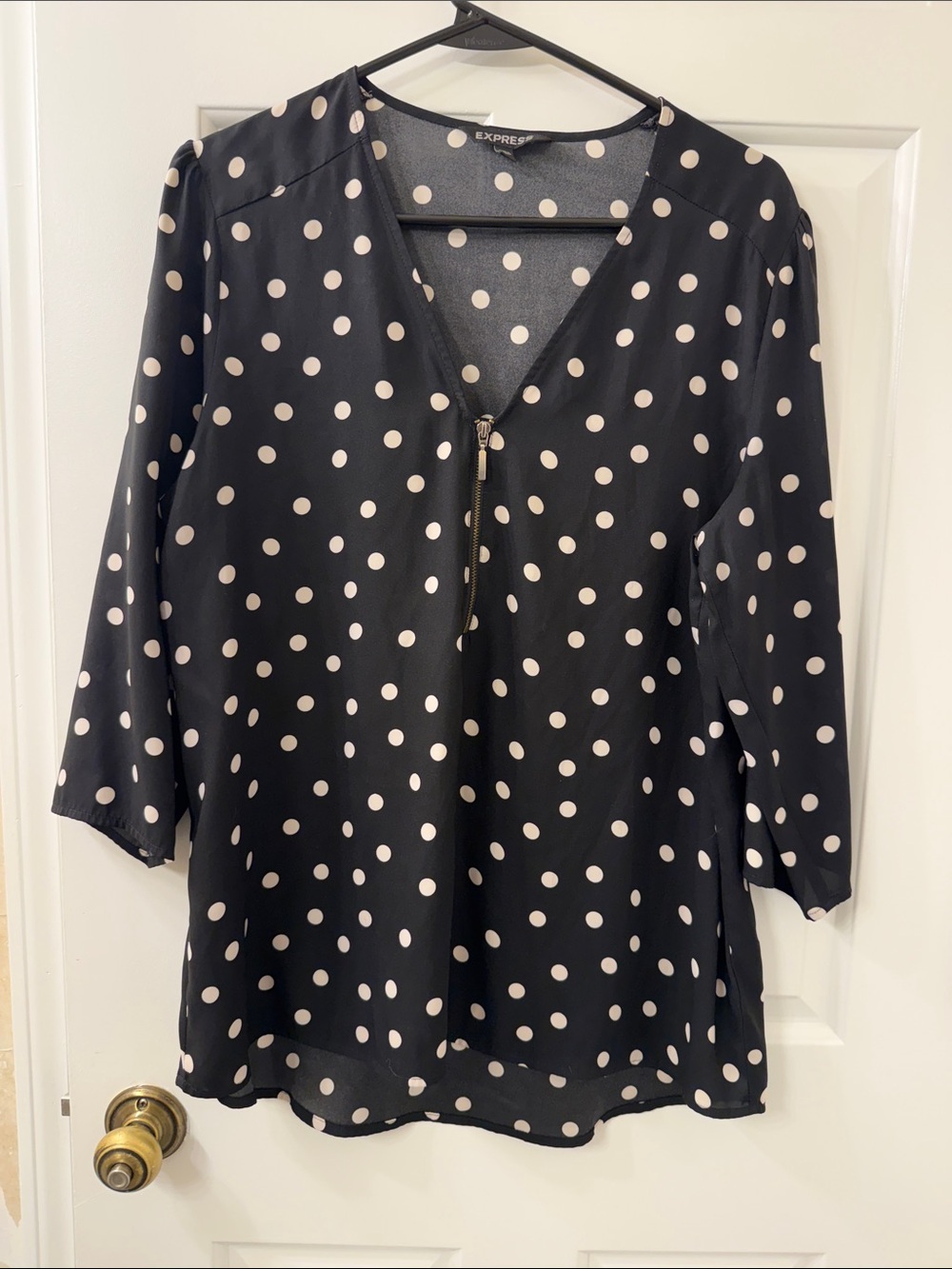 Express Black Blouse with Ivory Polka Dots and Front Zip
